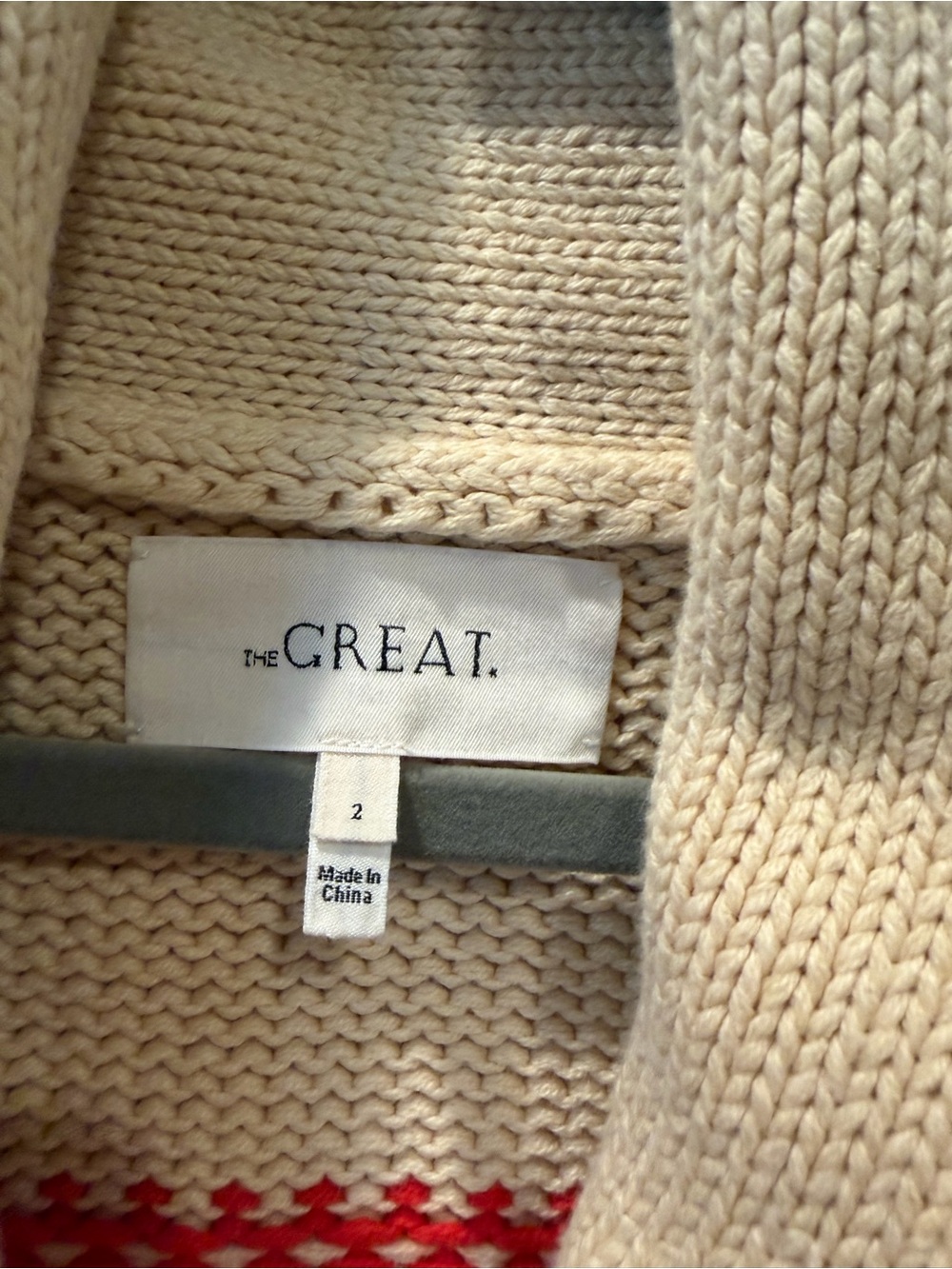 THE GREAT. Cream Shawl-Collar Cardigan with Nautical Sailboat Motif - Picture 4 of 6